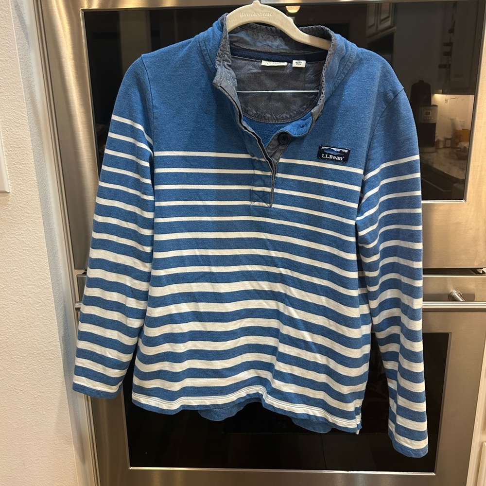L.L. Bean Blue and White Striped 3/4 button Henley pullover slight wear GUC